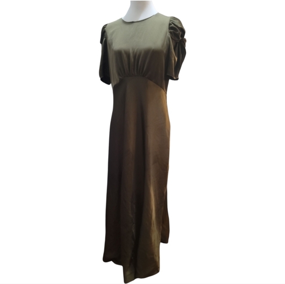 Bhldn leyden Olive Green dress Puff Sleeve flare skirt 10 - Picture 2 of 8